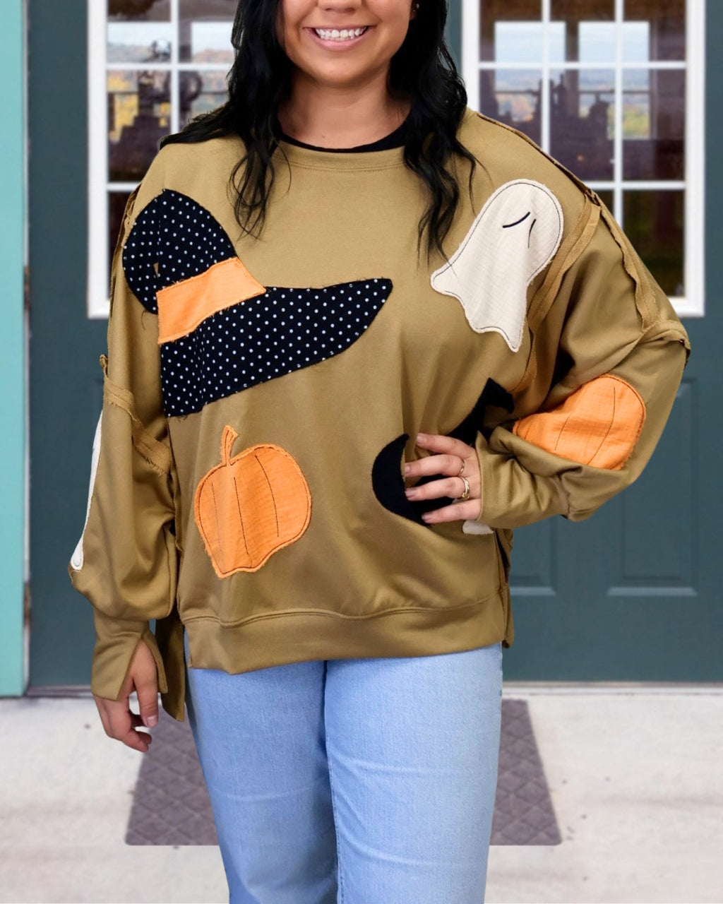 Halloween Pumpkin Ghost Embroidery Patchwork Pullover