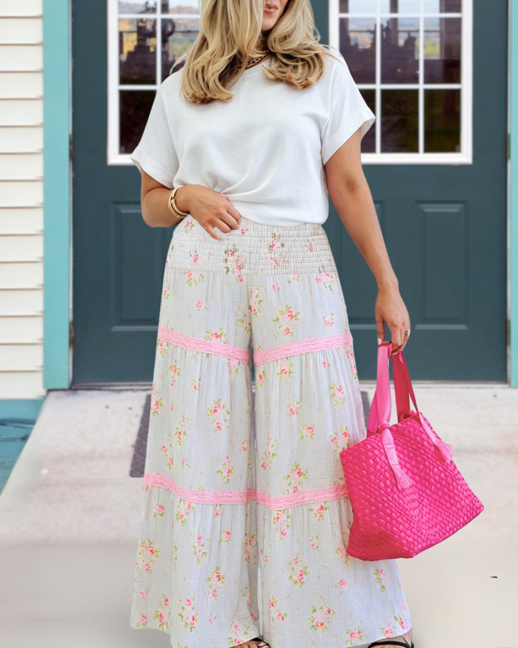 Floral Pleated Wide-leg Pants