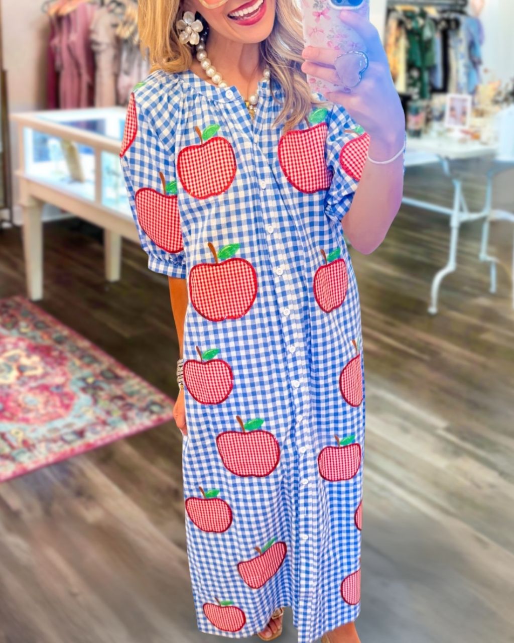 Apple Patterned Plaid Shirt Dress