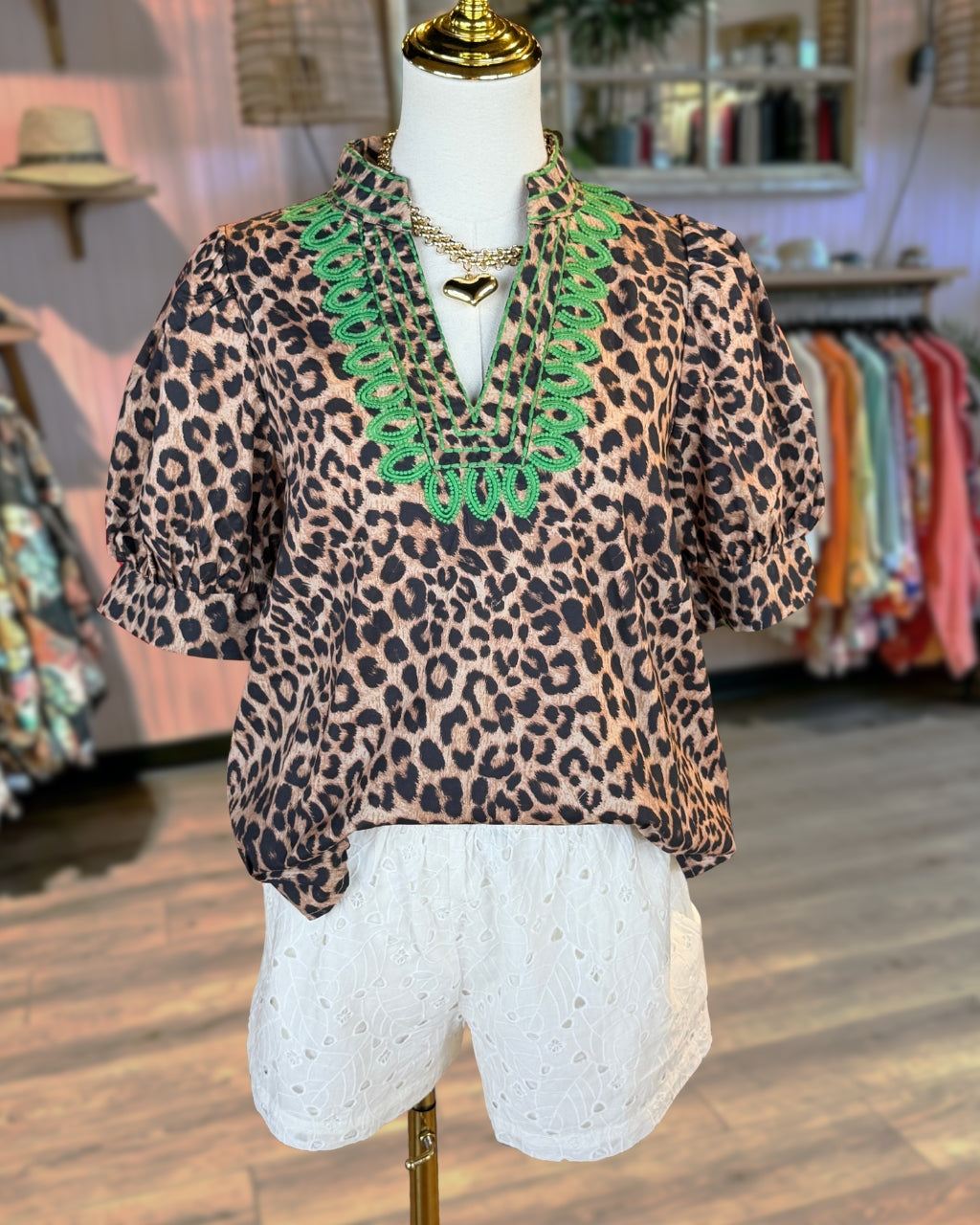 Embroidered Collar Leopard Satin Top