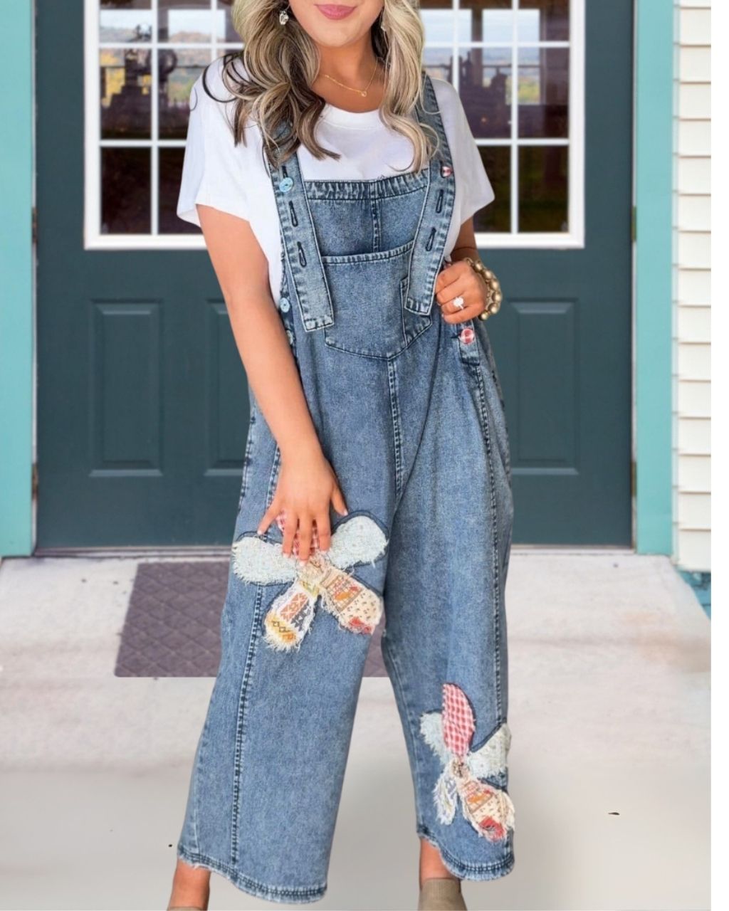 Floral Patch Denim Overalls