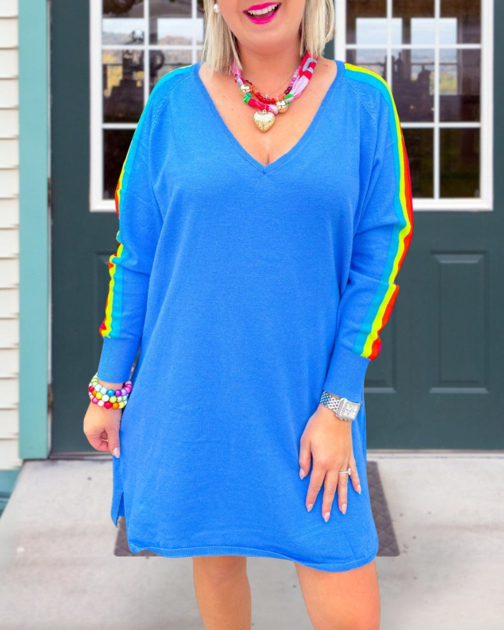 Side Striped V-neck Pullover Dress