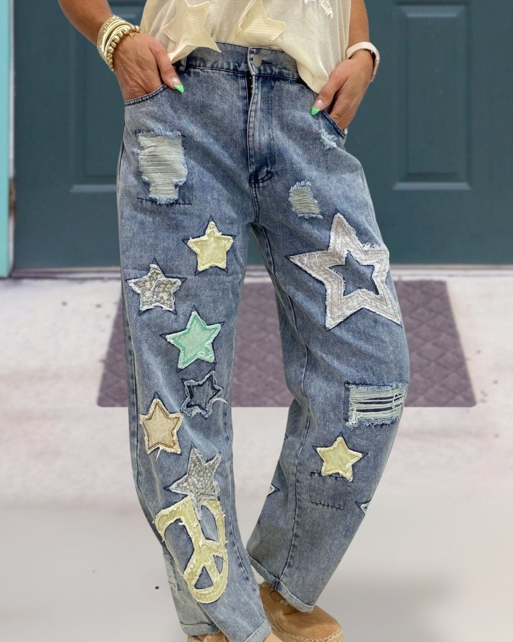 Star-embroidered Ripped Denim Pants
