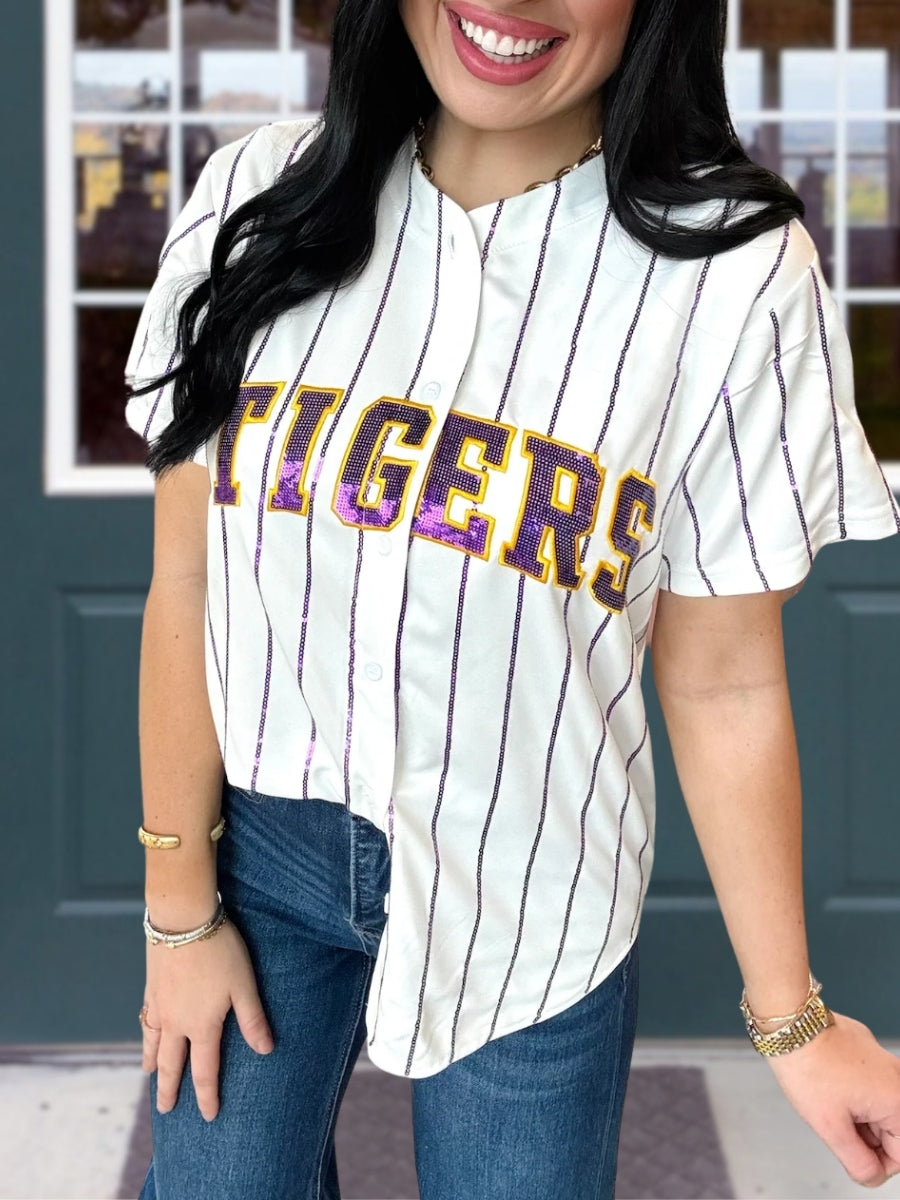 Tigers Sequin Vertical-Stripe Top