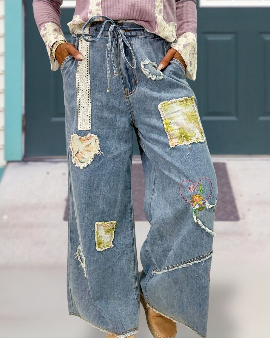 Heart Shaped Floral Embroidered Jeans