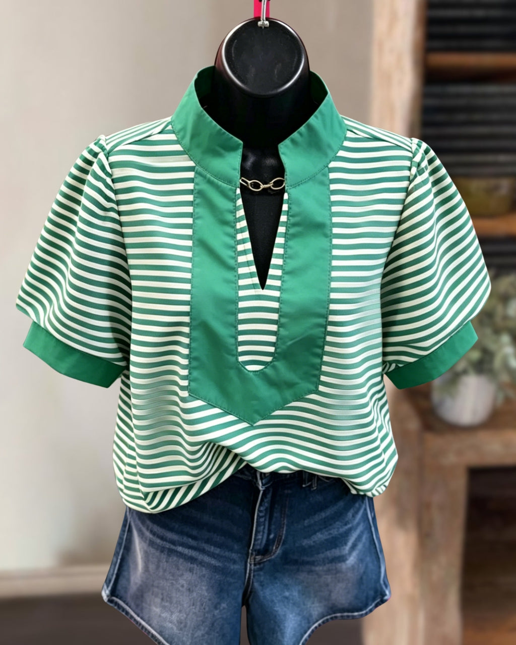Striped Puff Sleeves Satin Top