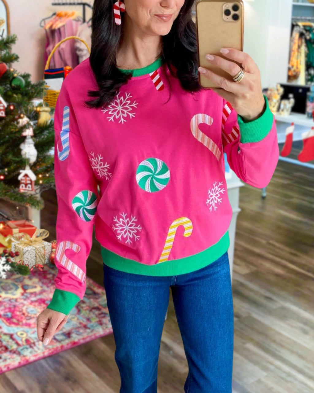 Chic Embroidered Christmas Candy Sweatshirt