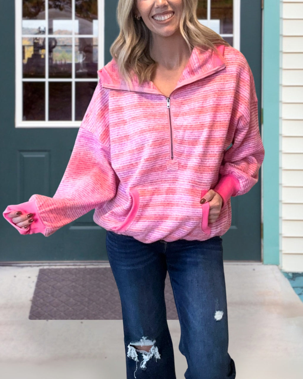 Casual Woolen Striped Hooded Sweatshirt