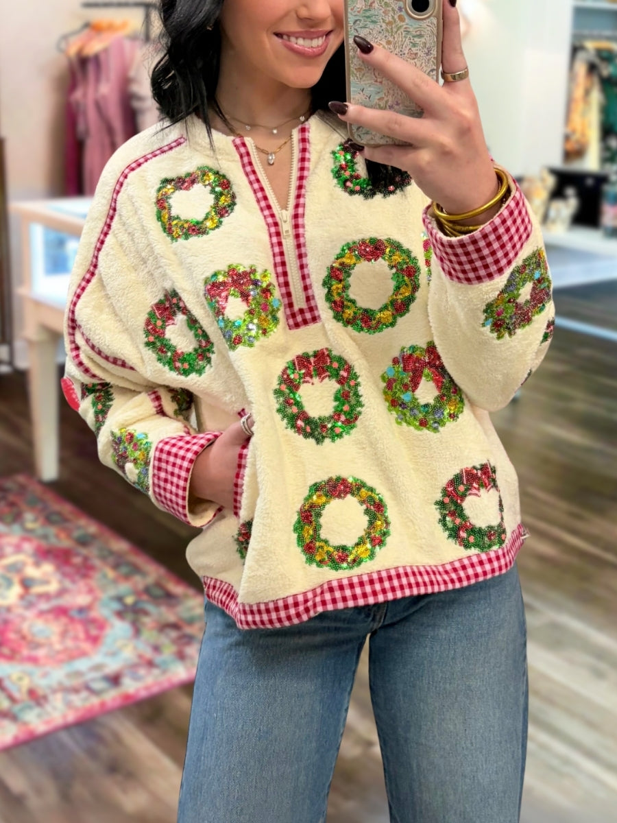 Plush Christmas Wreath Sequin Top