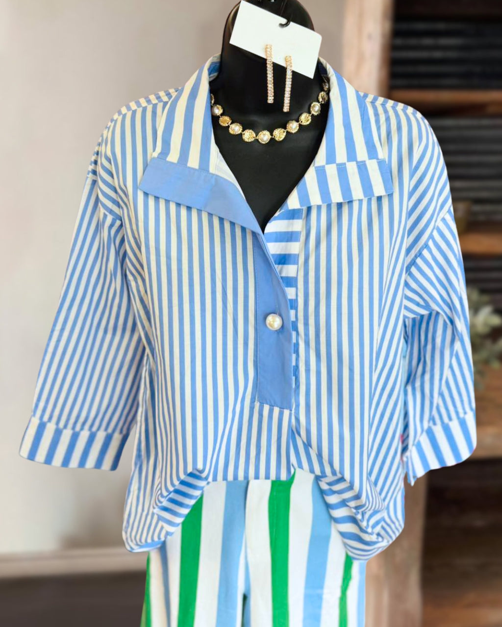 Three-quarter Sleeve Striped Top