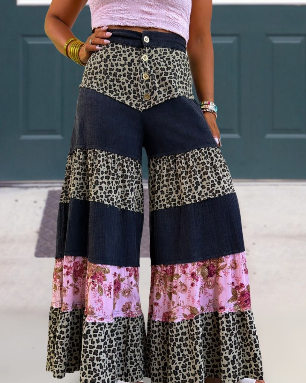 Leopard Floral Layered Wide-leg Pants