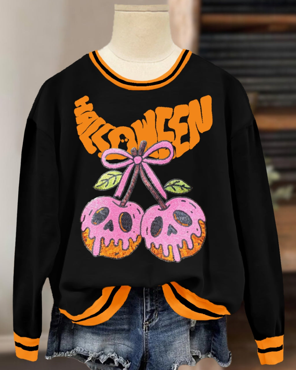 Fun Sequin Halloween Poison Cherry Sweatshirt