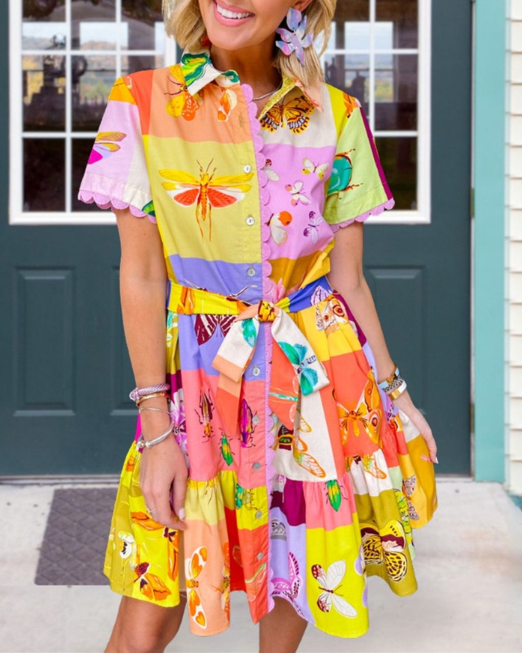 Mixed Insect Color-Blocked Satin Shirt Dress