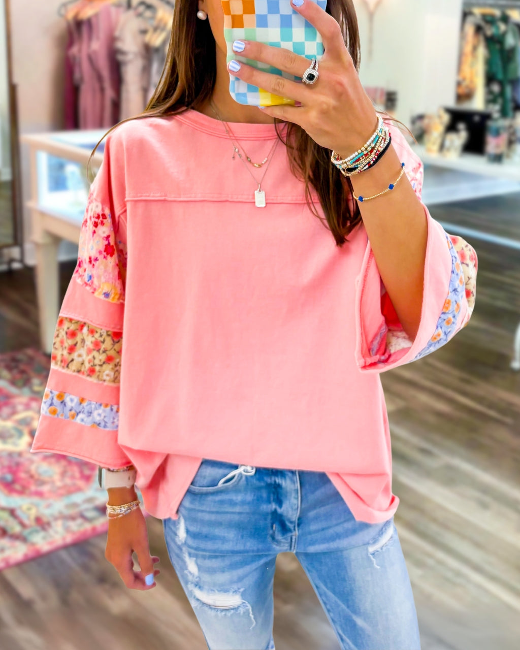 Floral Patchwork Sleeve Top
