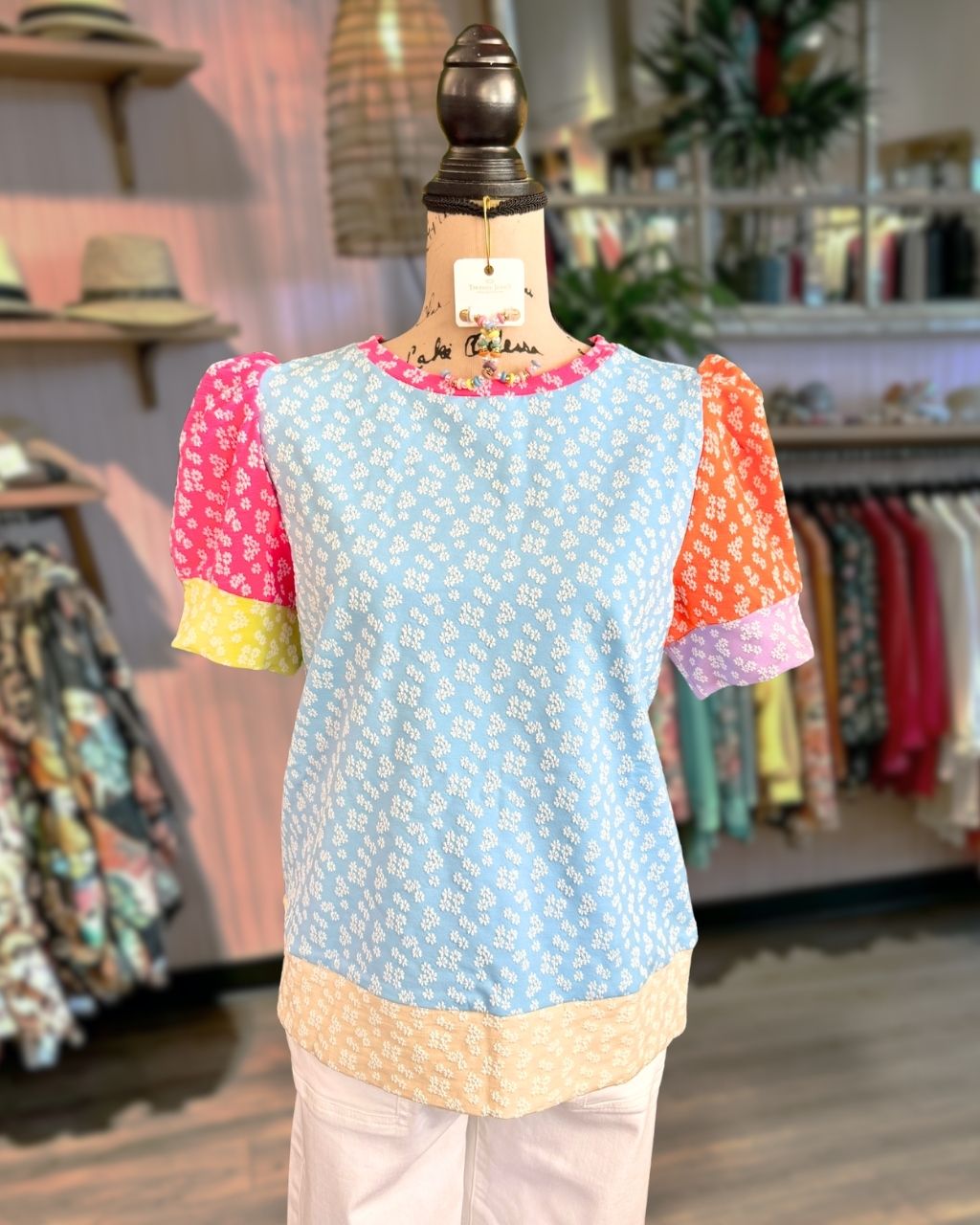Floral Jacquard Color-Block Paneling Top