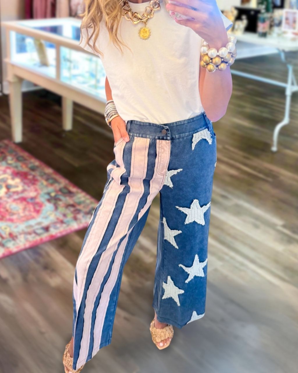 Star Striped Patch Denim Washed Pants
