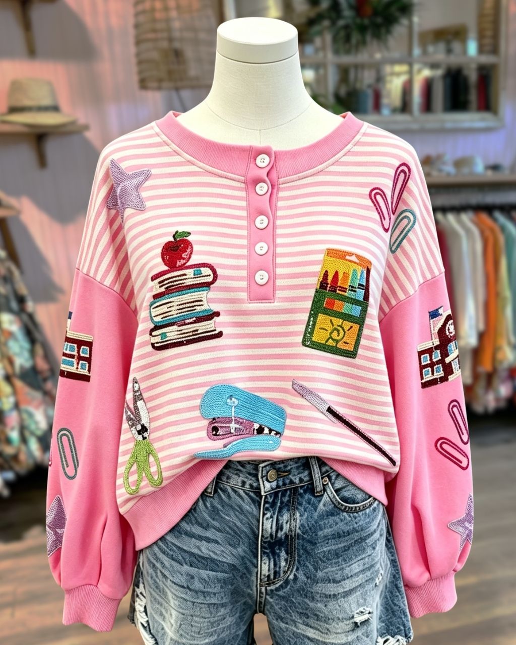 School Supplies Sequined Striped Pullover