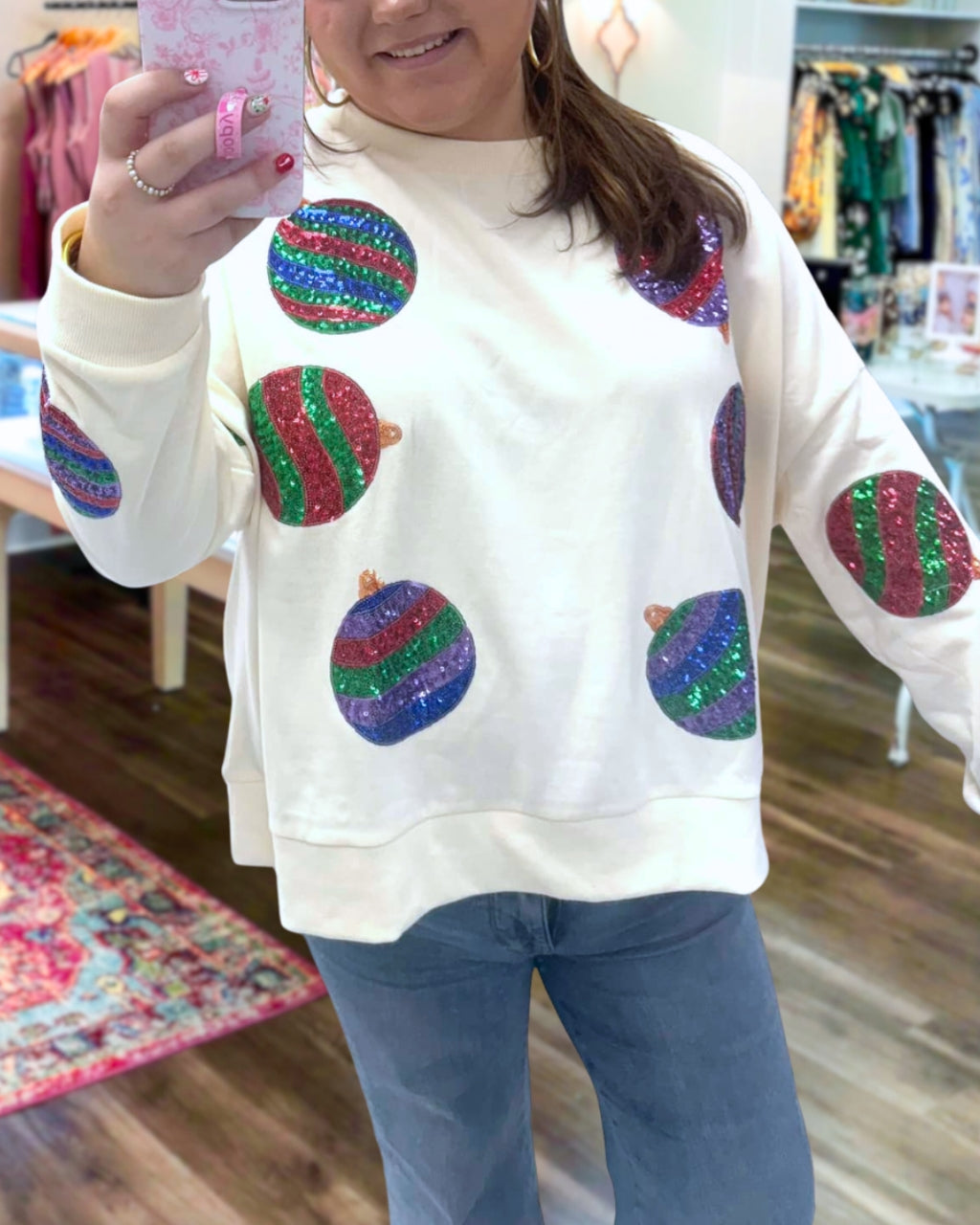 Playful Christmas Ornament Sequins Sweatshirt