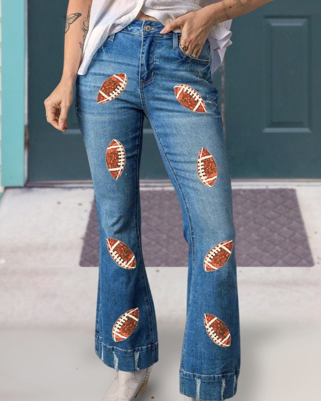 Football Sequin Denim Flare Pants