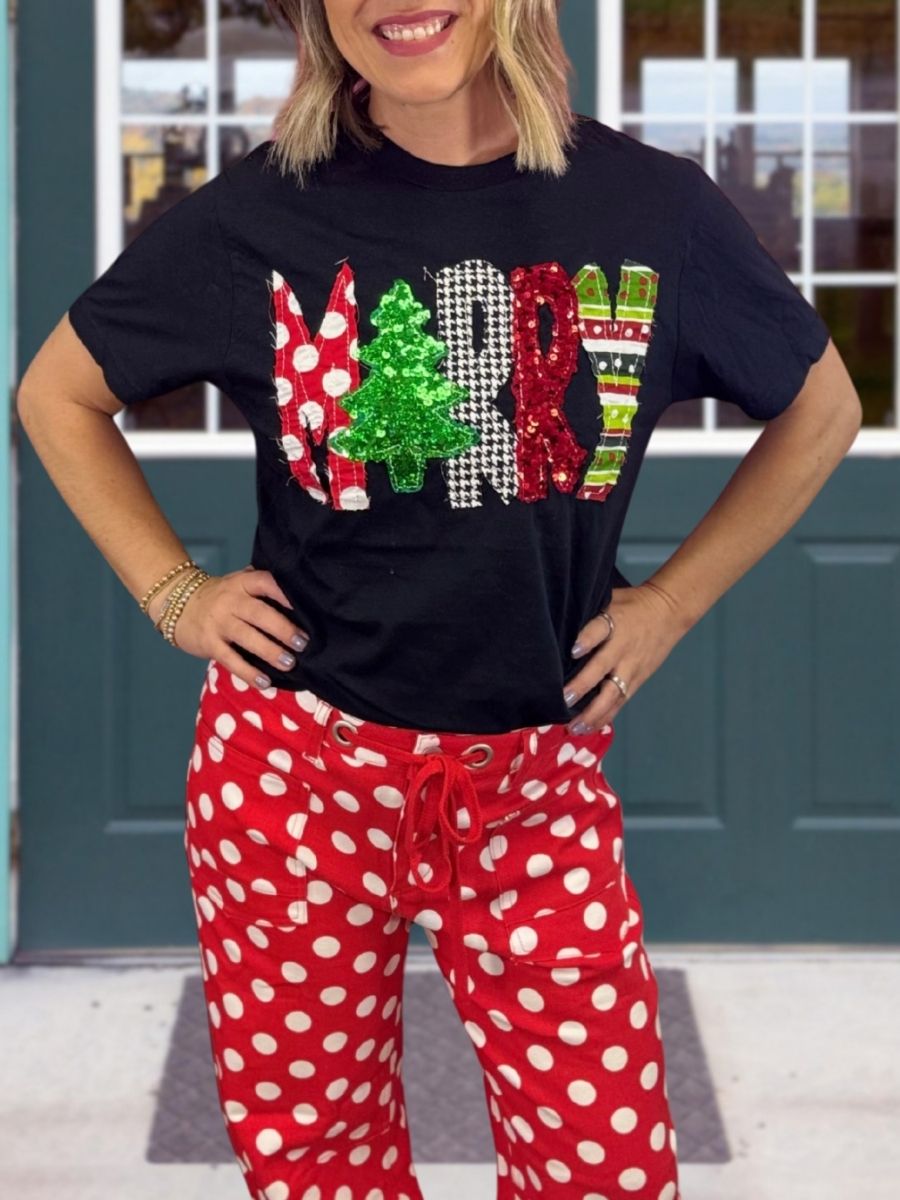 MERRY Christmas Tree Sequin Holiday T-Shirt