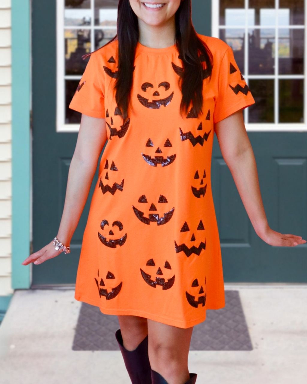 Pumpkin Smiley Face Sequin T-Shirt Dress