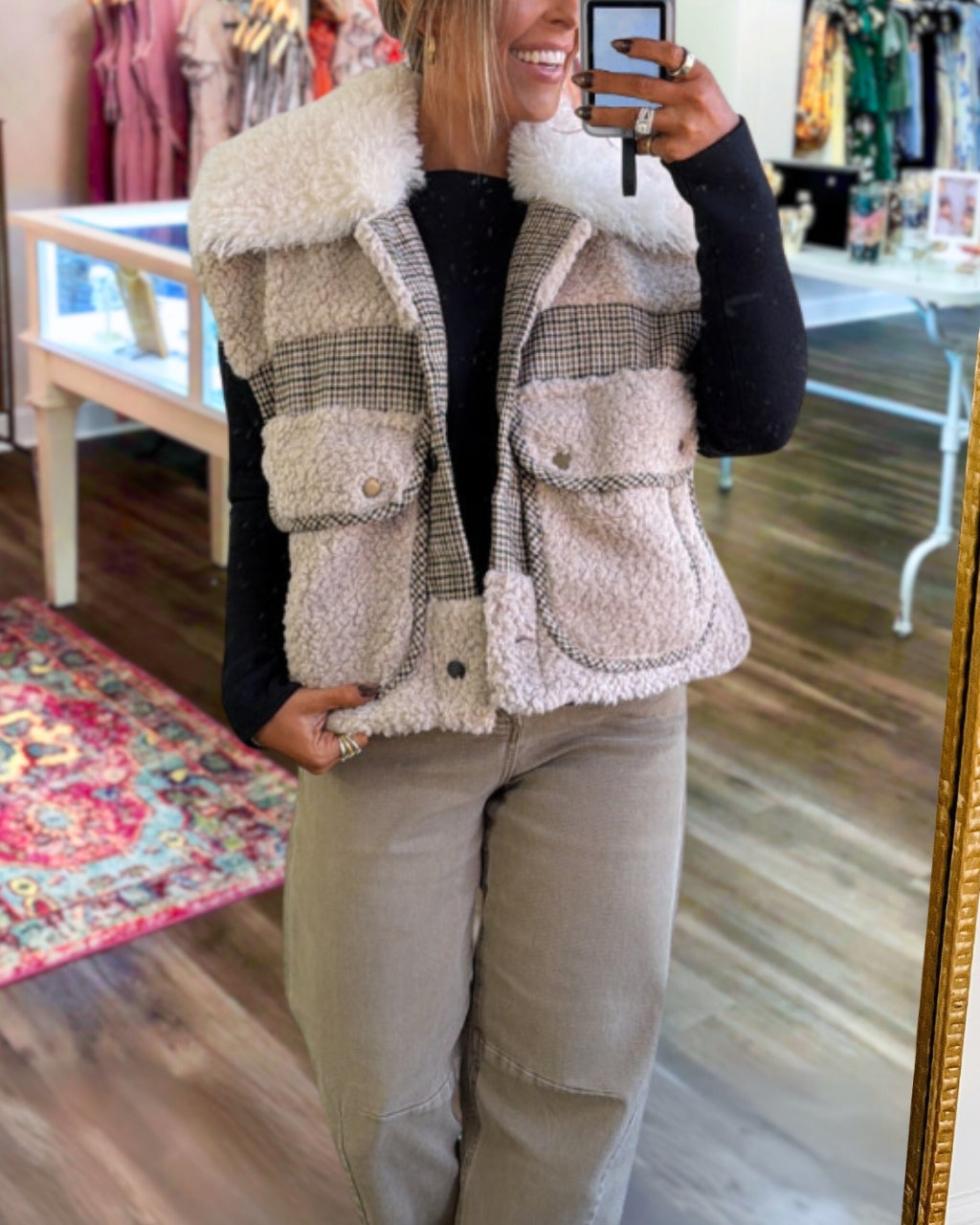 Plaid Patchwork Lamb Fleece Vest