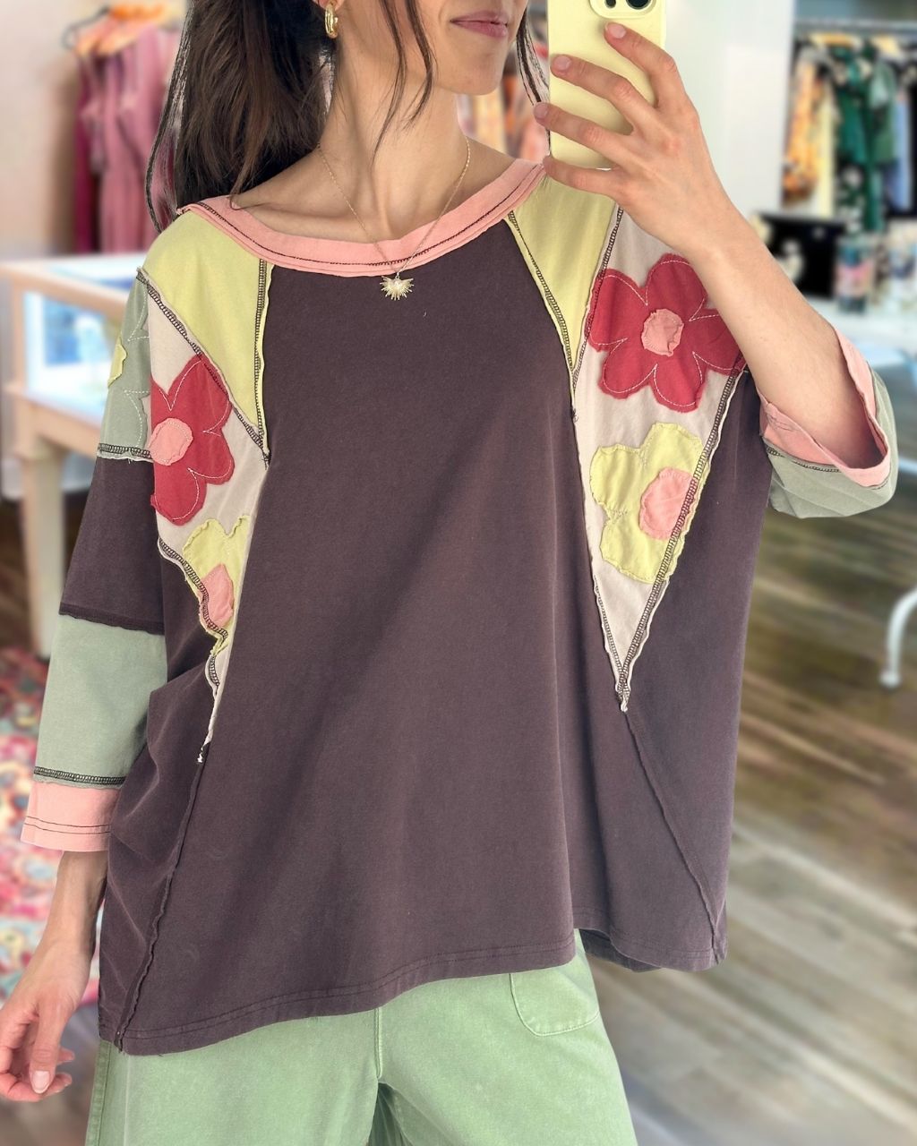 Floral Embroidery Patchwork Top