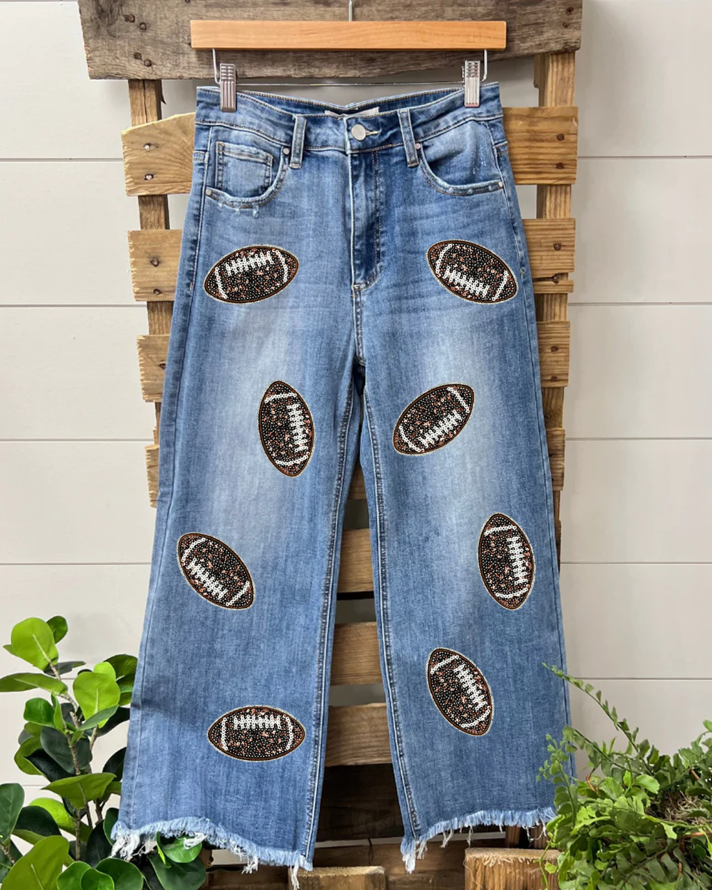 Football Sequined Frayed Denim Pants