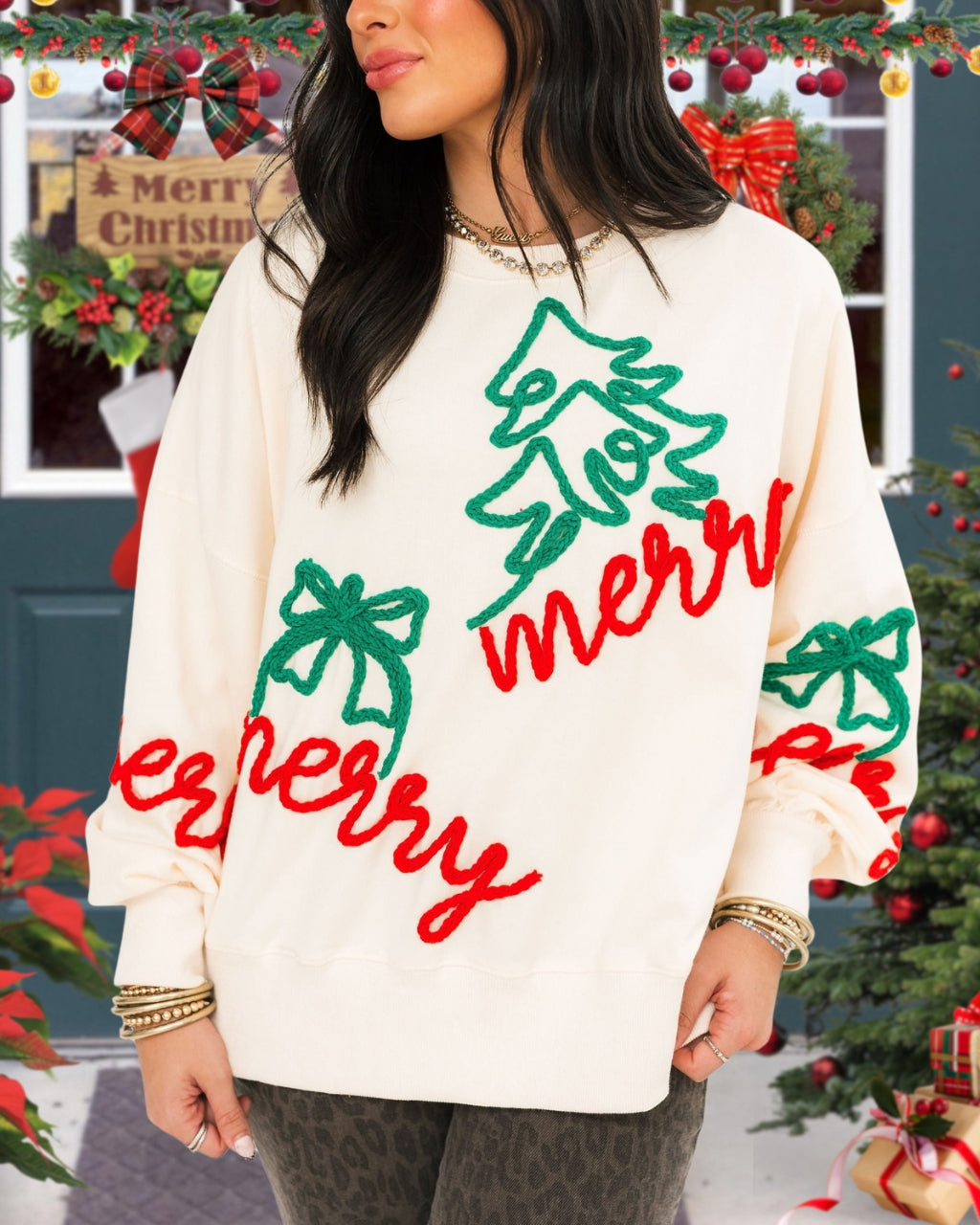 Merry Christmas Embroidered Pullover