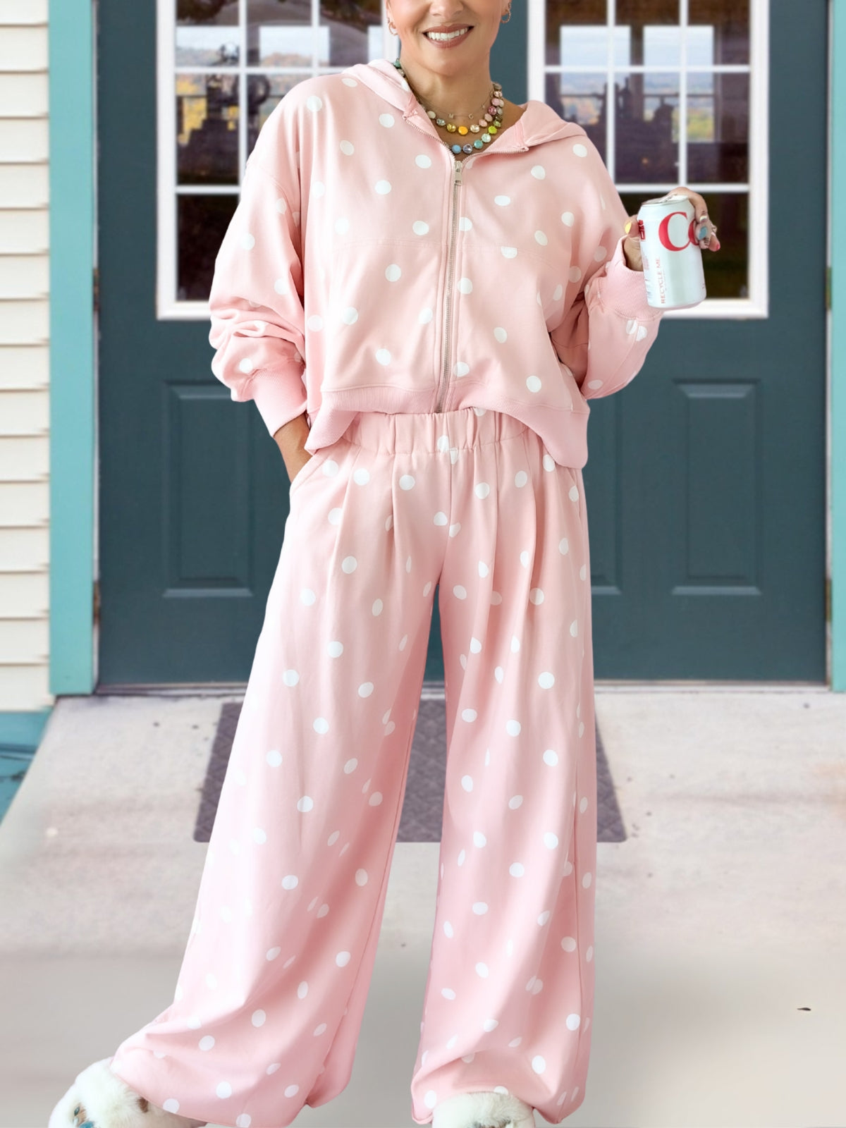 Casual Polka-Dot Hooded Jacket Set