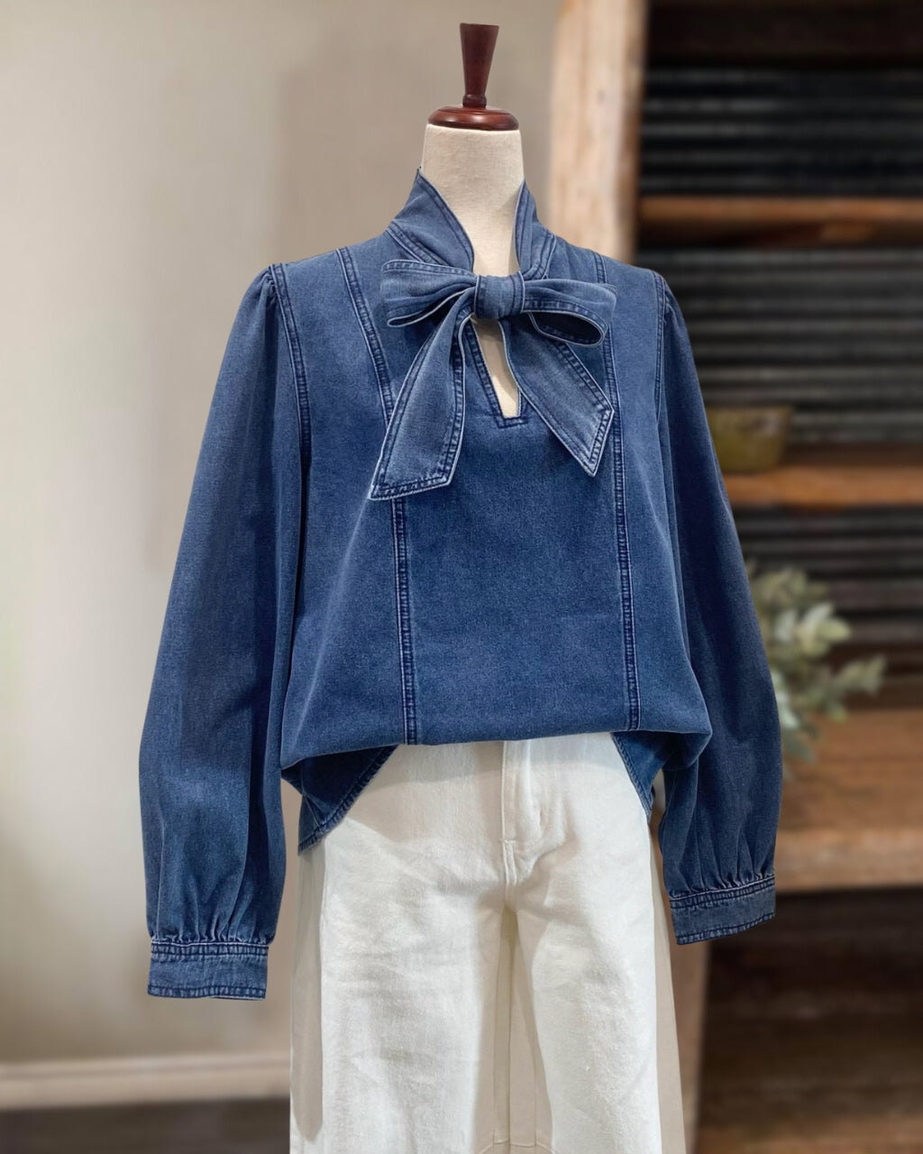 Bow Tie Denim Blouse