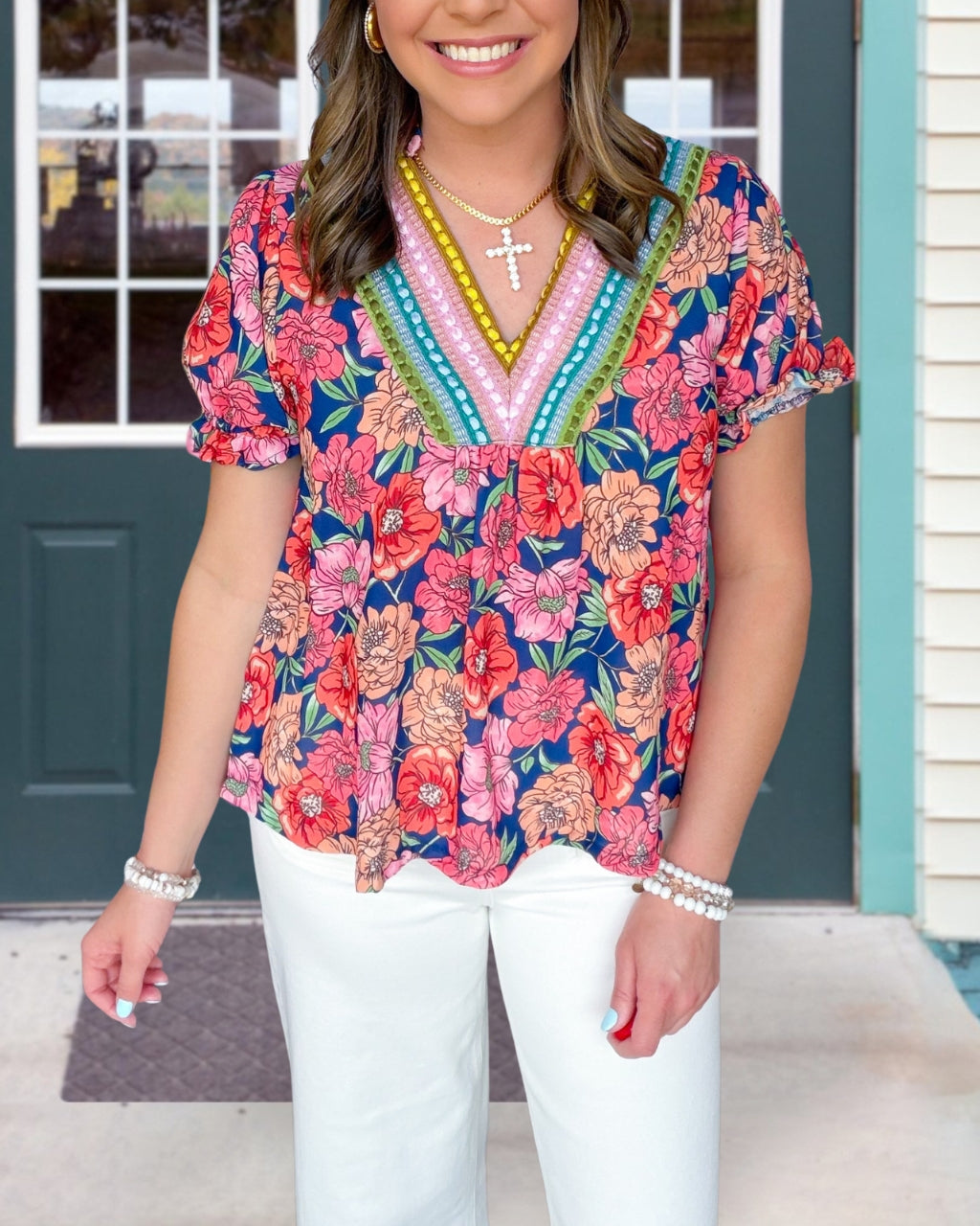 Blooming Floral V-neck Ribbon Satin Top