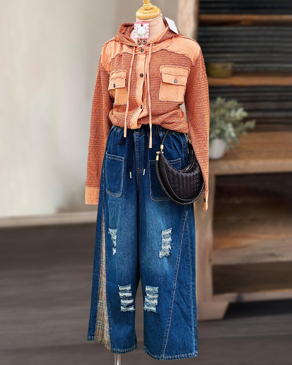 Ripped Plaid-Paneled Jeans