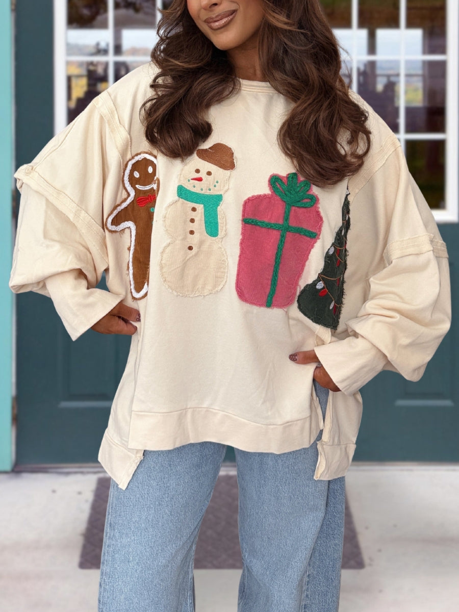 Gingerbread Man Snowman Embroidered Pullover