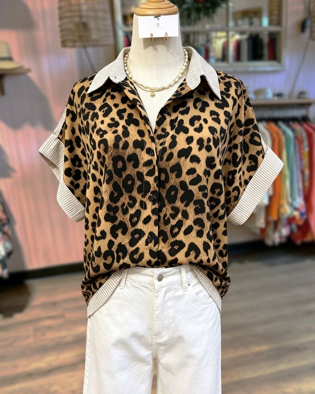Leopard Striped Trim Shirt