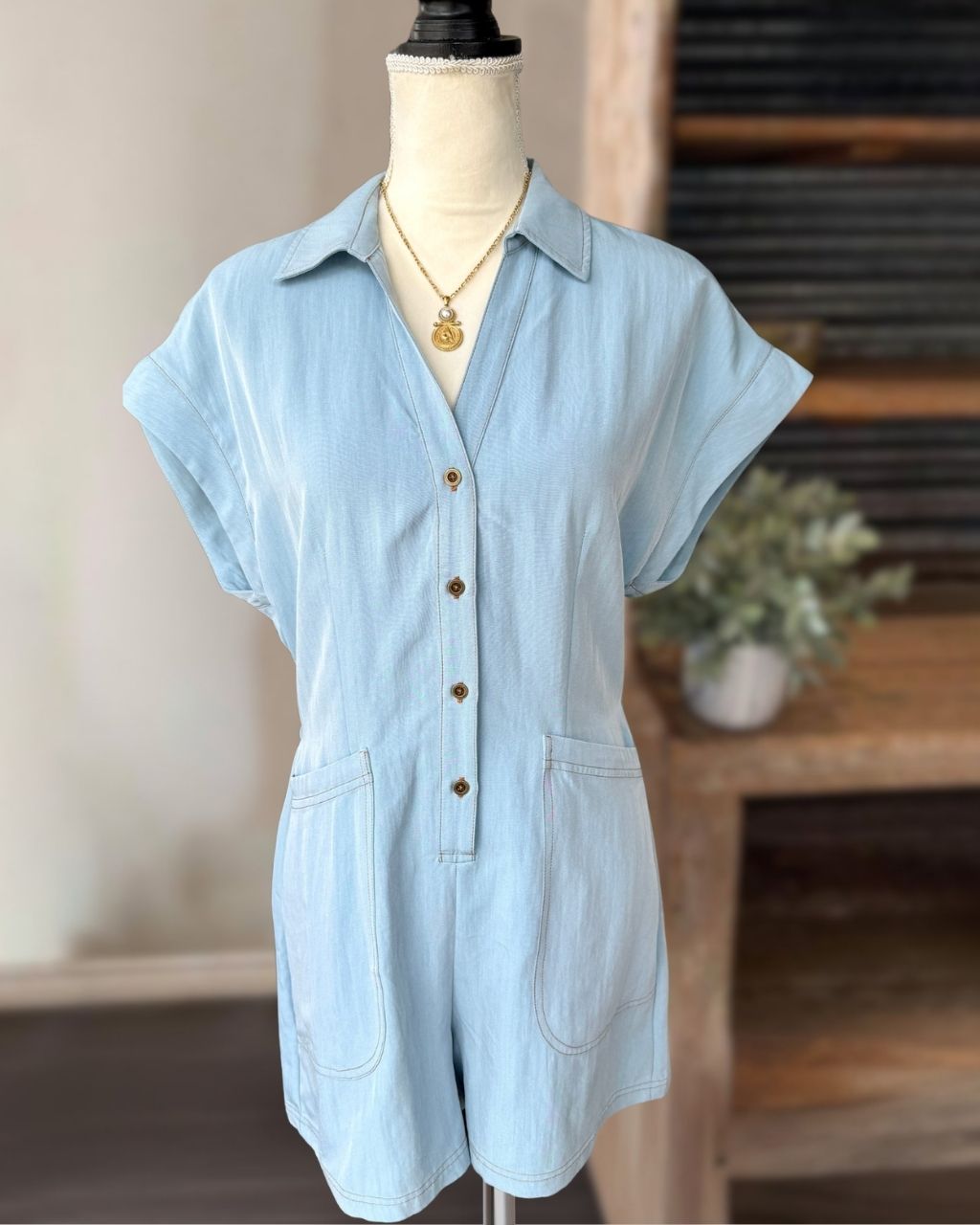 Simple Front-Button Denim Jumpsuit