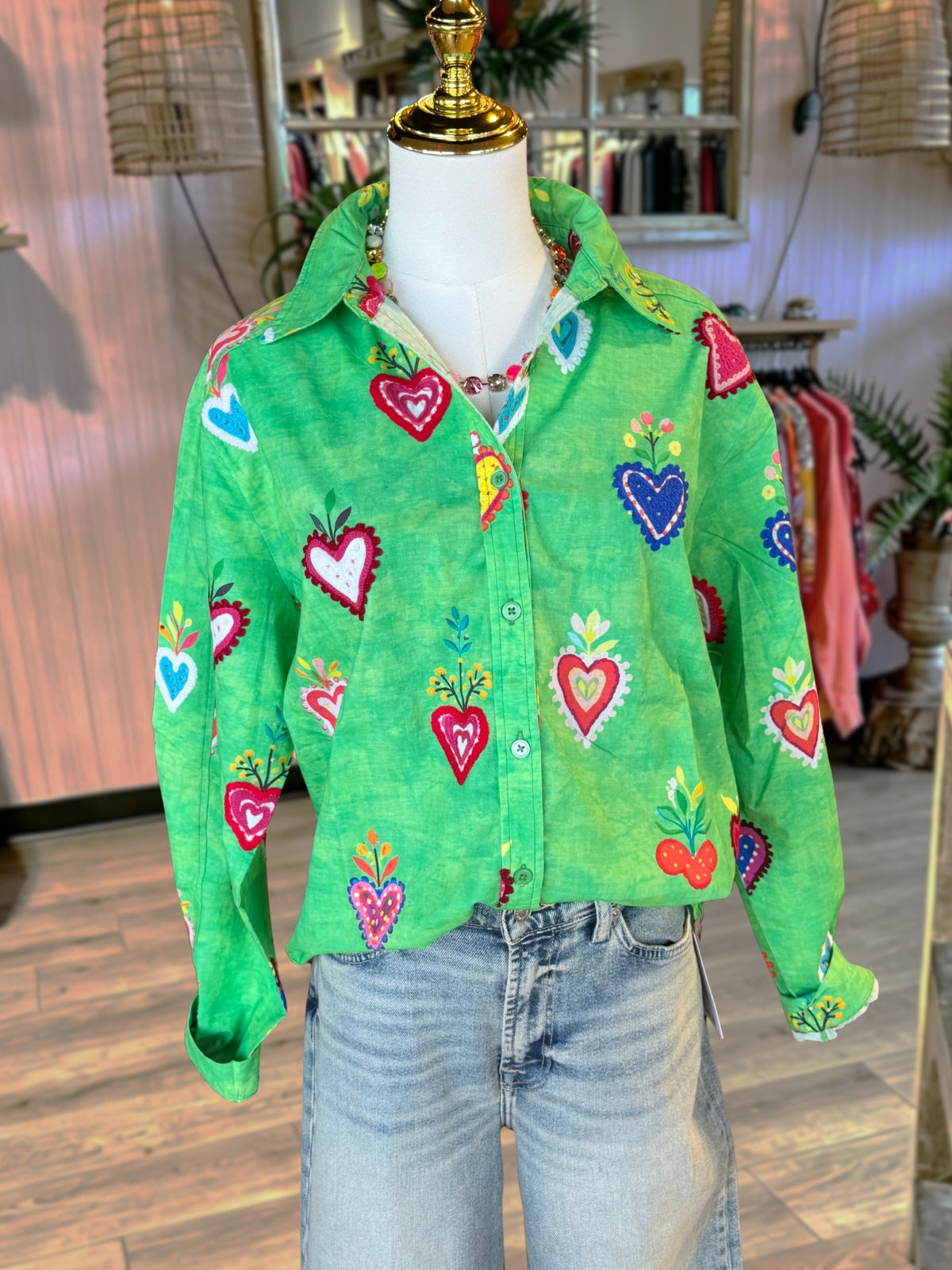 Colorful Floral Heart-Print Shirt