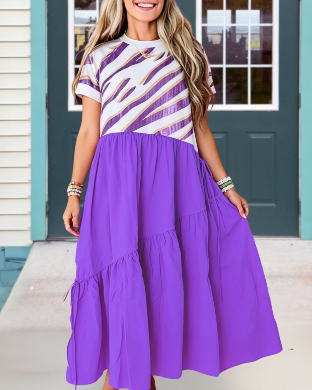Tiger Stripe Sequin Paneled Ruffled Dress