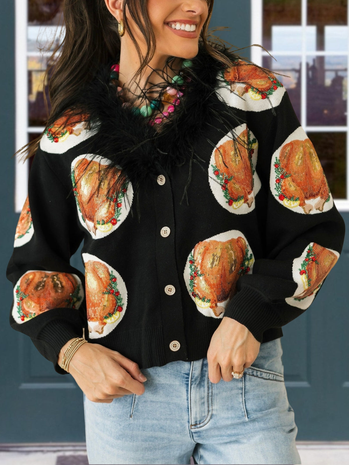 Sequined Turkey Feather Cardigan