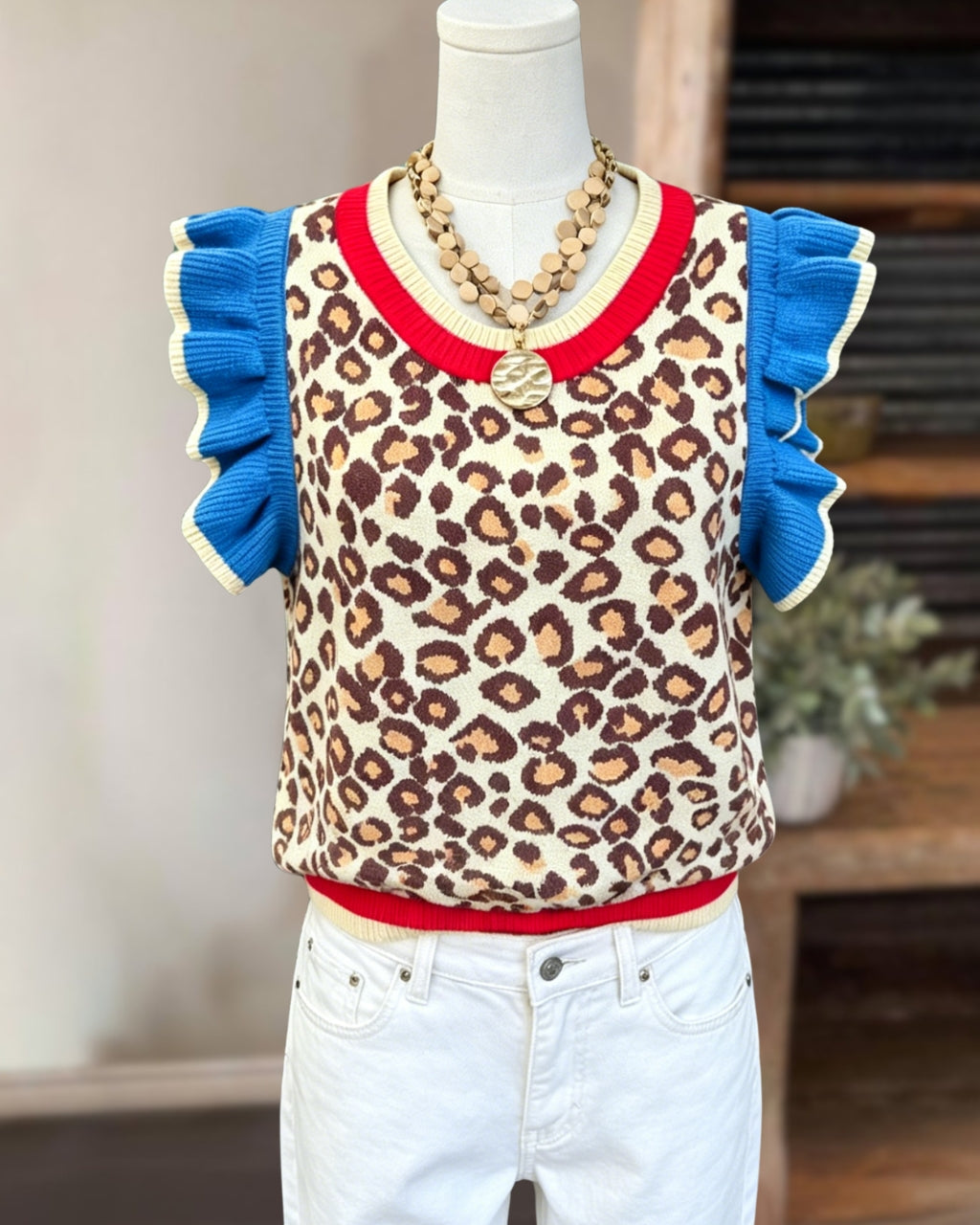 Leopard Color-blocked Ruffled Knit Top