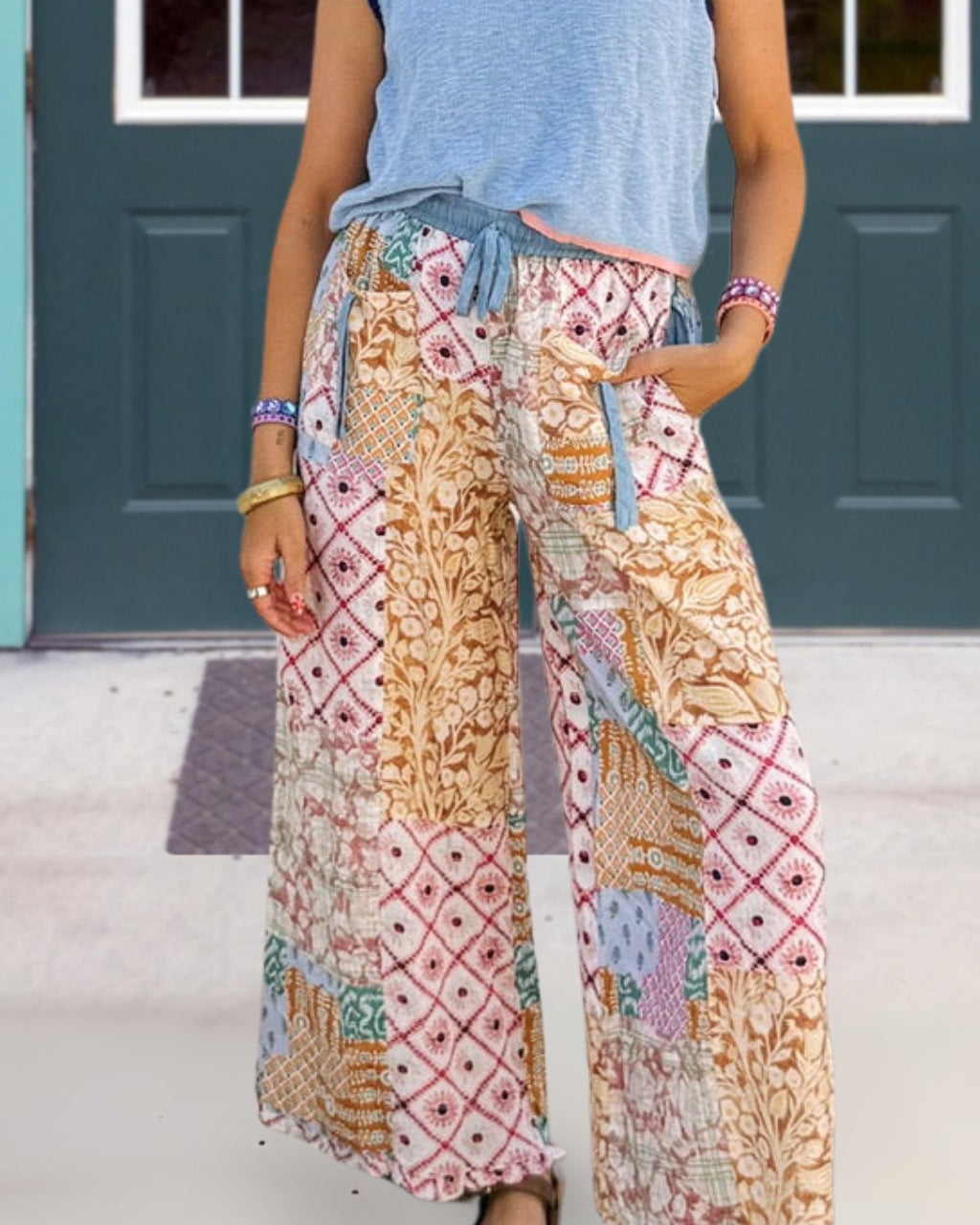 Mixed Floral Print Paneled Pants