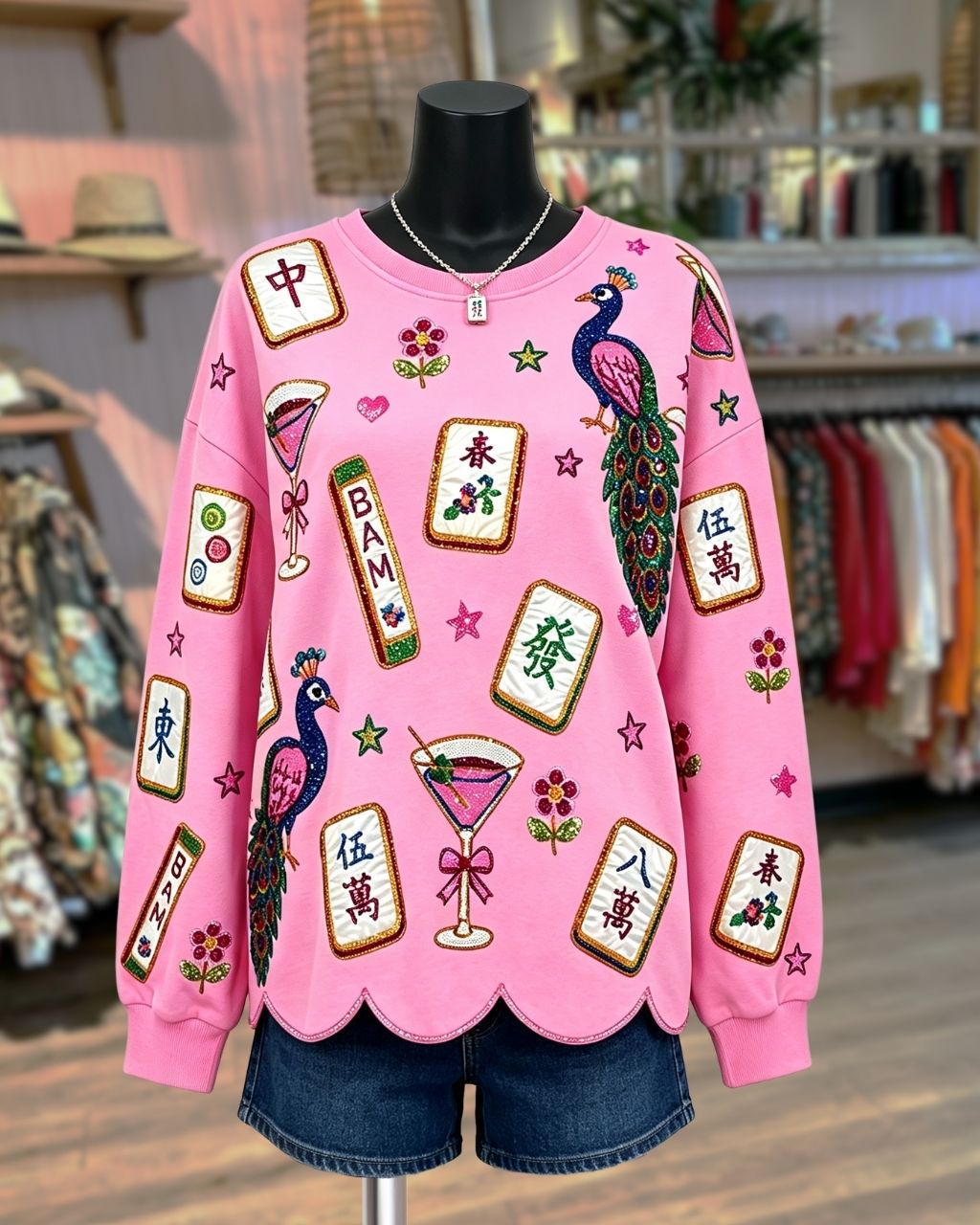 Mahjong Sequined Wavy Hem Pullover