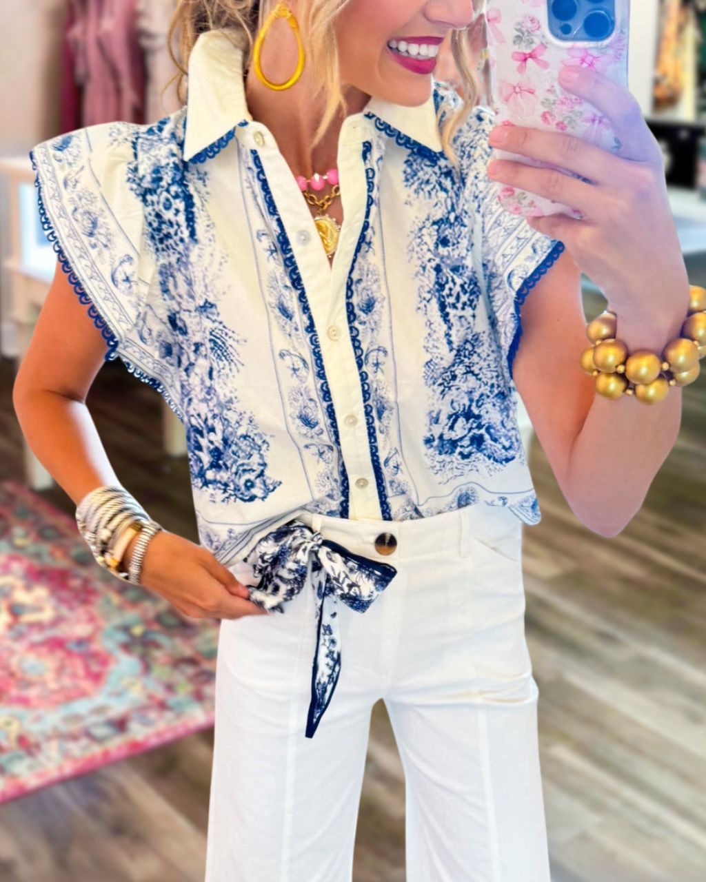 Elegant Floral Wave Trim Shirt