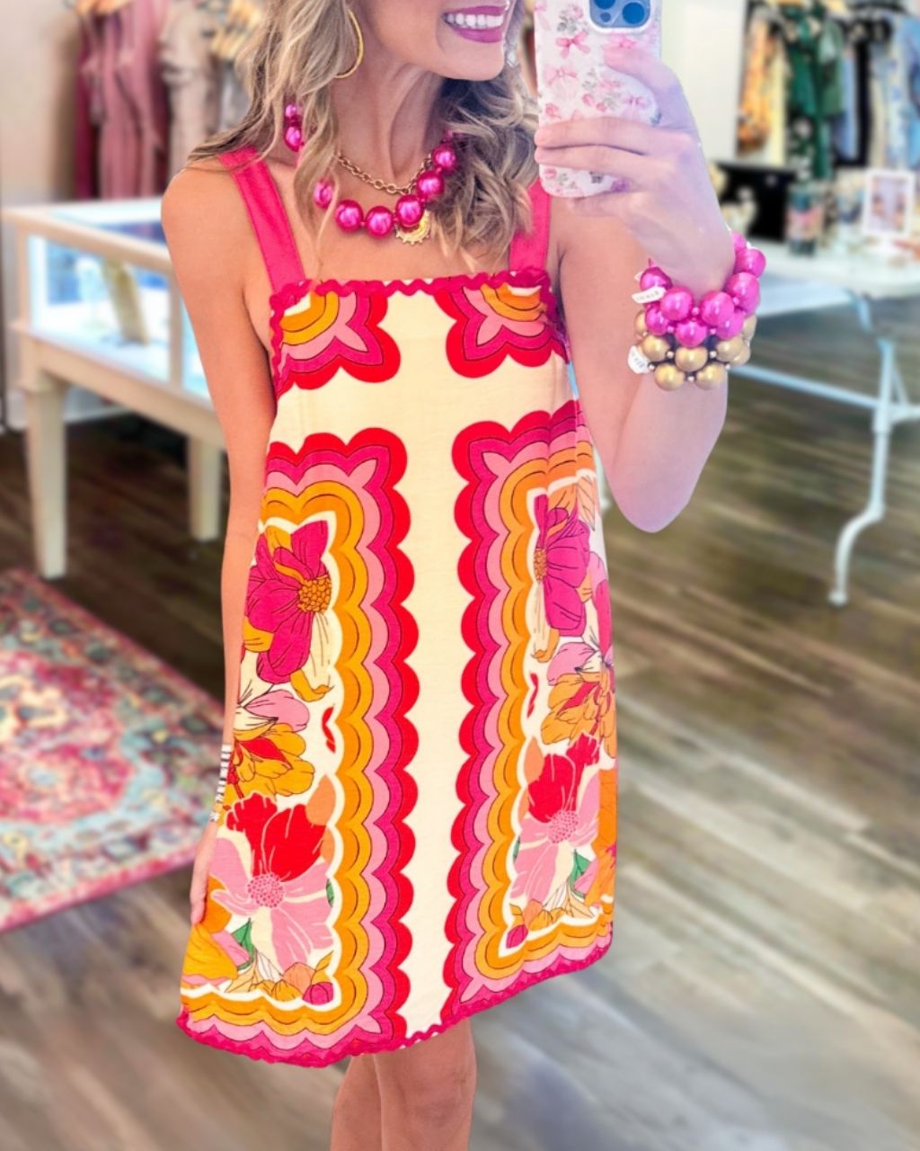 Floral Wavy Trim Satin Slip Dress