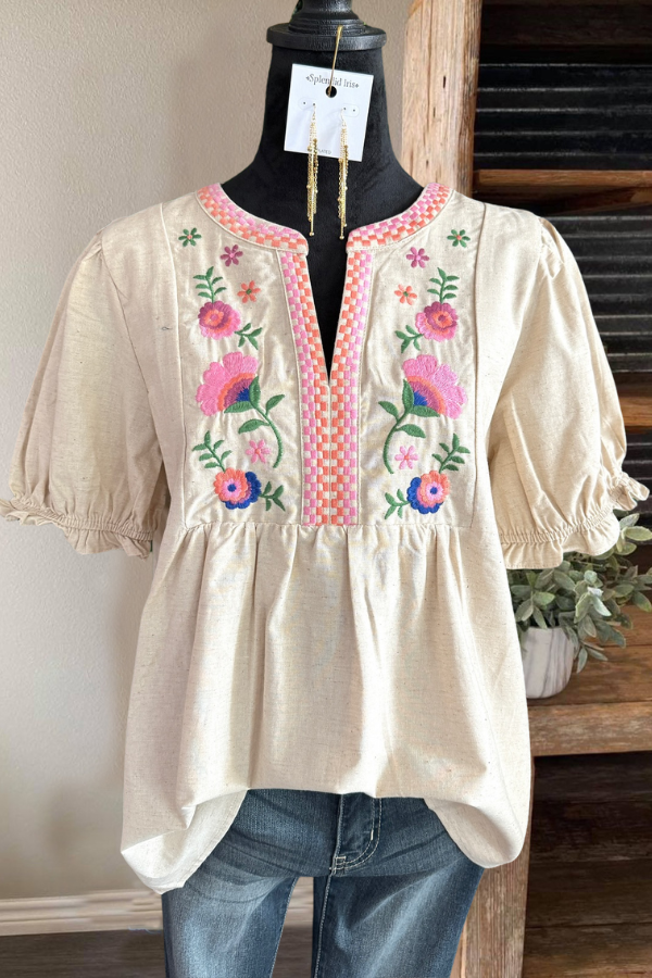 Pink Floral Embroidered Linen Top