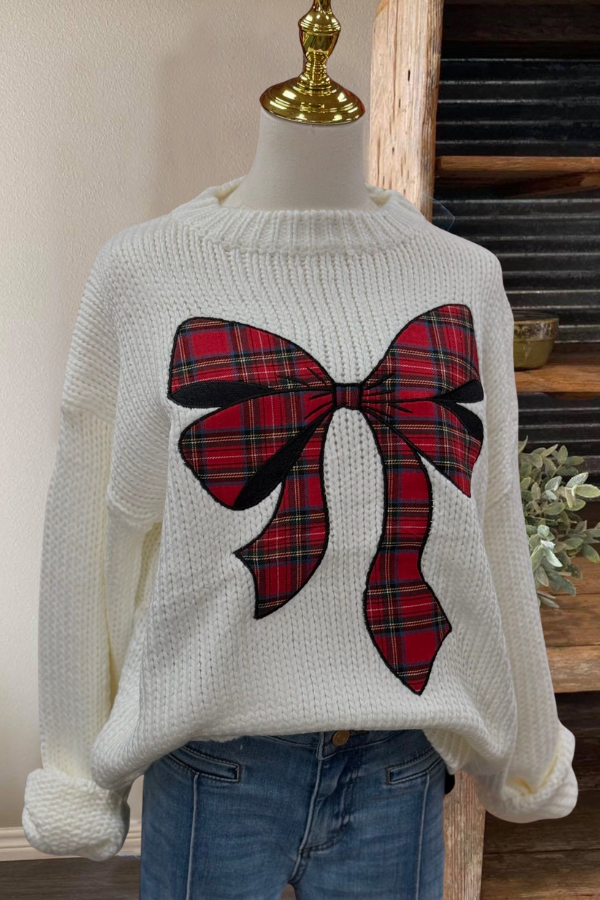 Check Bow Knit Crewneck Sweater