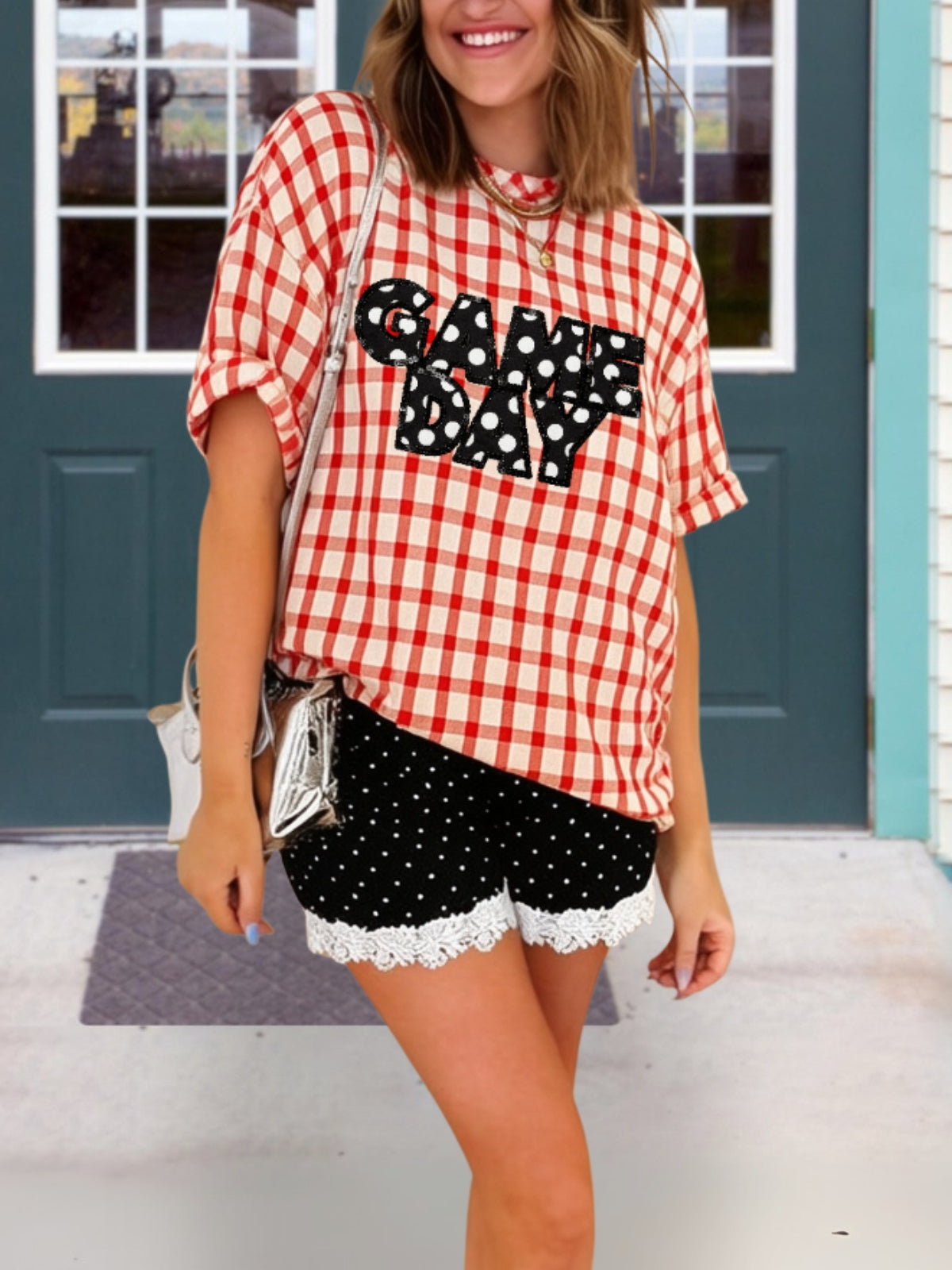 Gameday Polka-Dot Embroidered Plaid Top