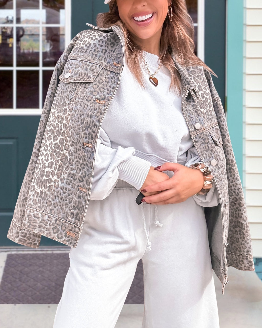 Washed Denim Leopard Print Jacket