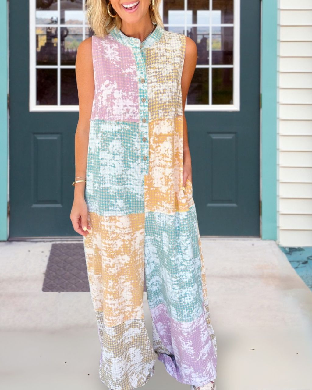 Color-blocked Blurred Plaid Jumpsuit