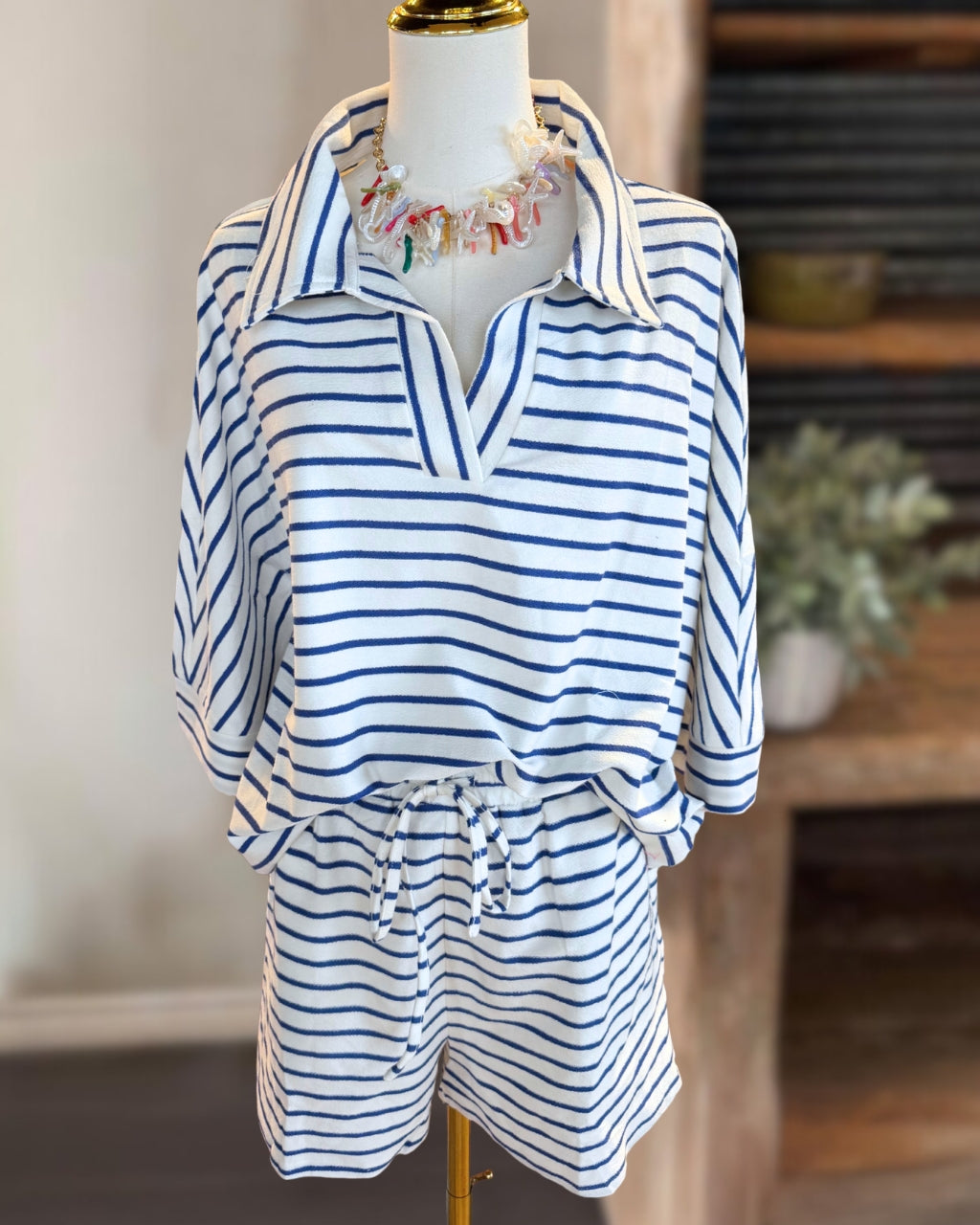 Casual Striped V-neck Shorts Set